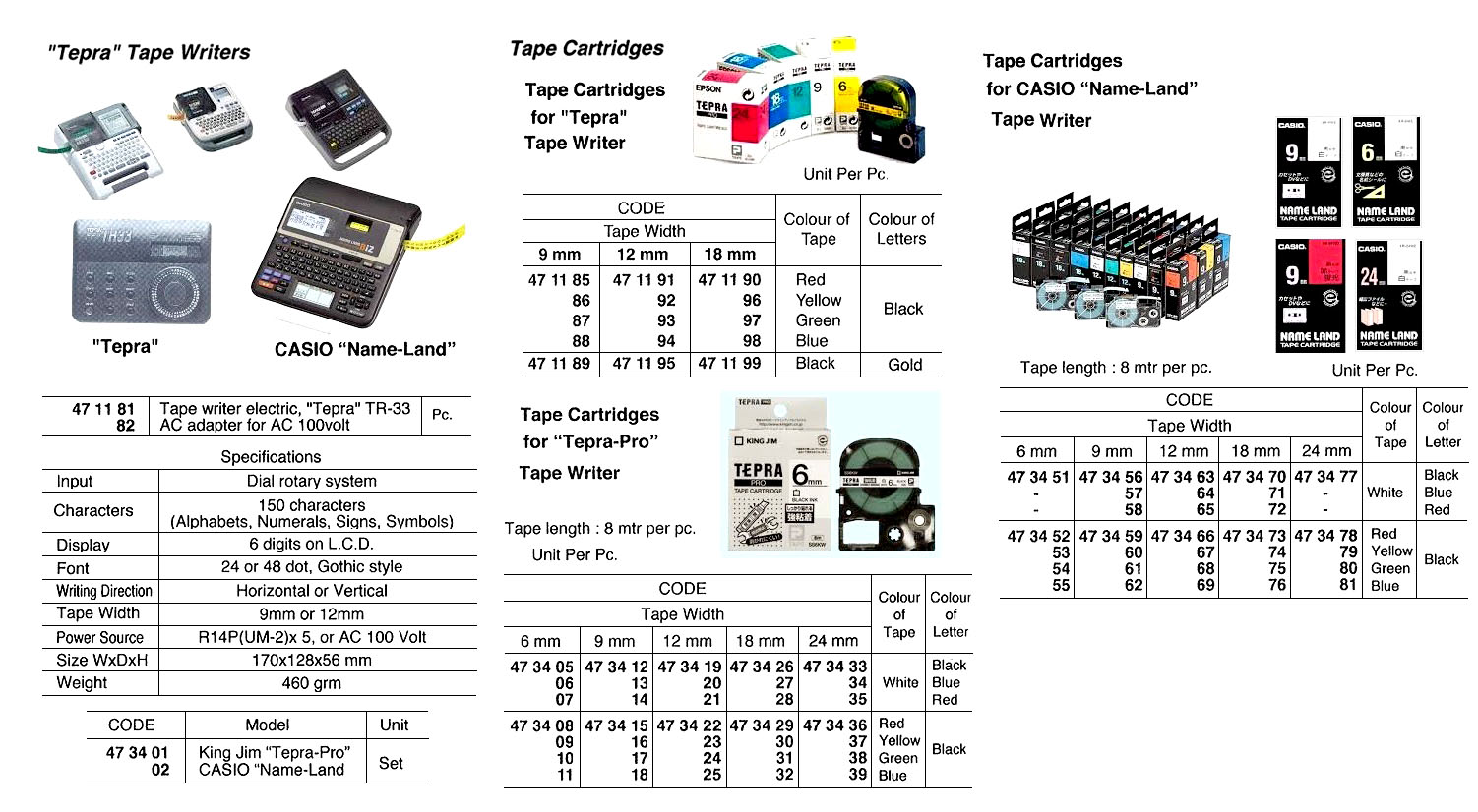 Impa Code:473470 TAPE CARTRIDGE FOR CASIO 